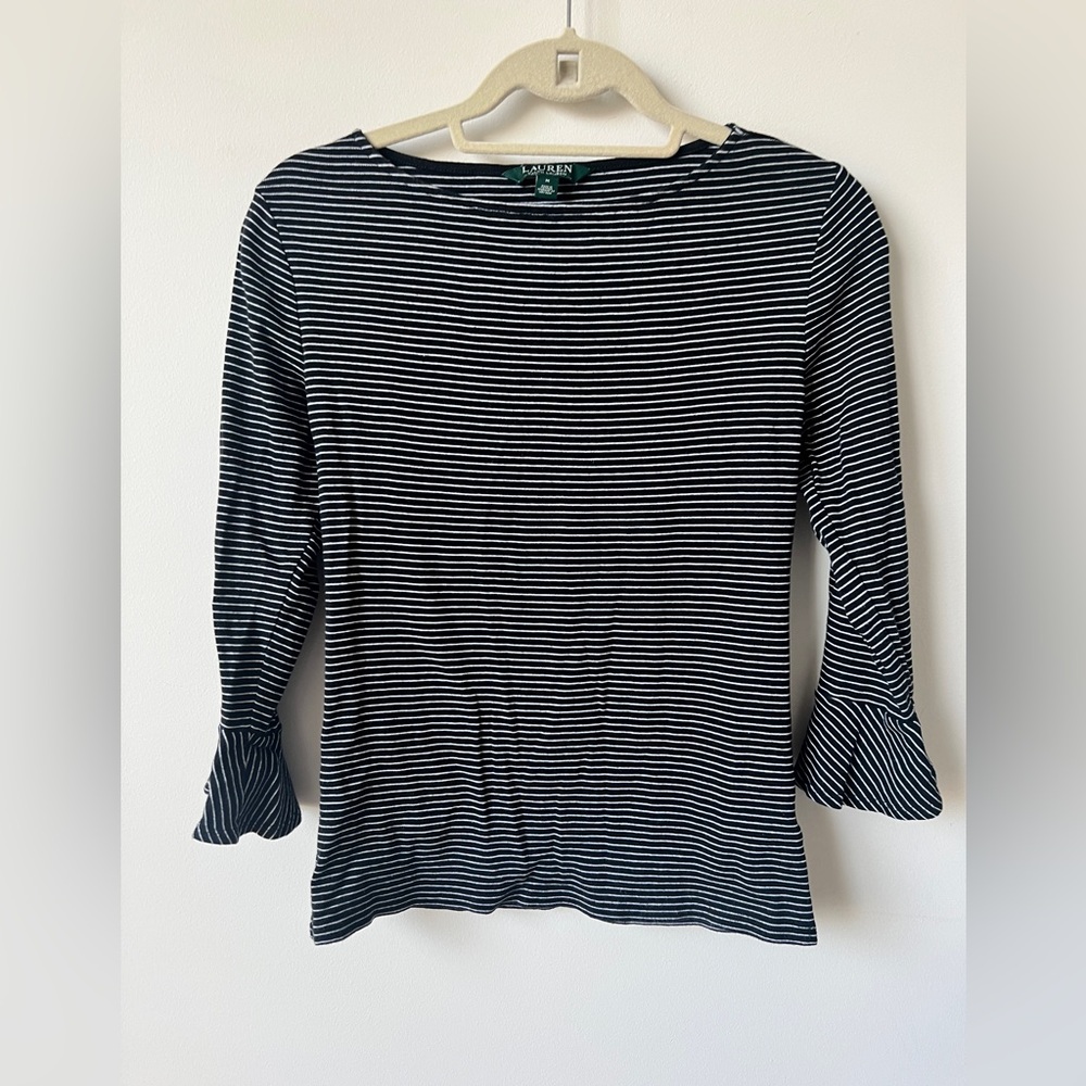 Lauren Ralph Lauren Black White Striped 100% Cotton Top Size M